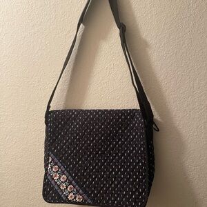 Vera Bradley Alpine Black Quilted Crossbody large with Floral Accent. Retired
